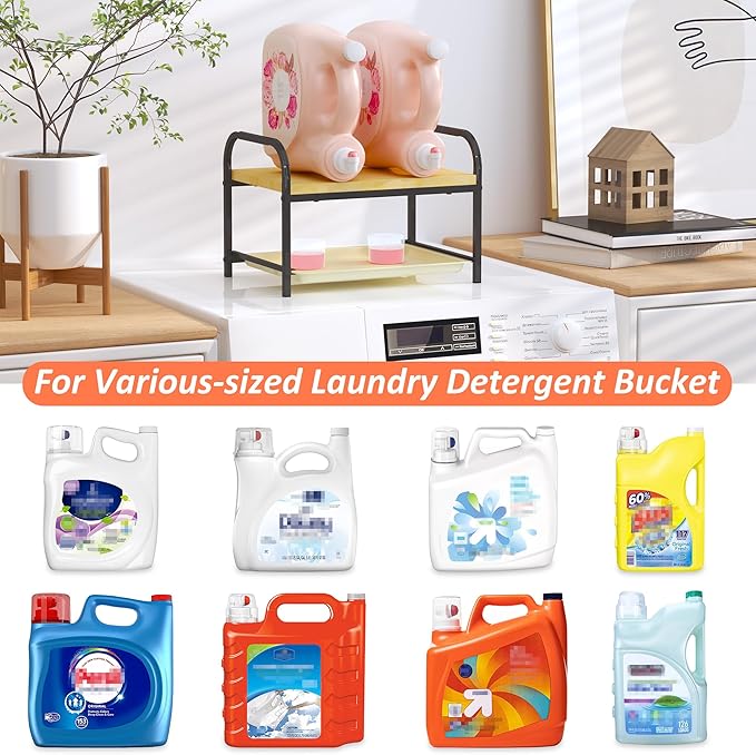 2-in-1 Laundry Detergent Holder & Organizer with Drip Tray, 2-Tier Metal Shelf for Countertop - Soap Dispenser & Storage Stand for Laundry Room, Kitchen, Bathroom, Black