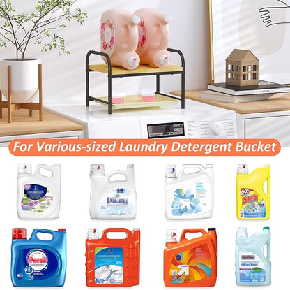 2-in-1 Laundry Detergent Holder & Organizer with Drip Tray, 2-Tier Metal Shelf for Countertop - Soap Dispenser & Storage Stand for Laundry Room, Kitchen, Bathroom, Black