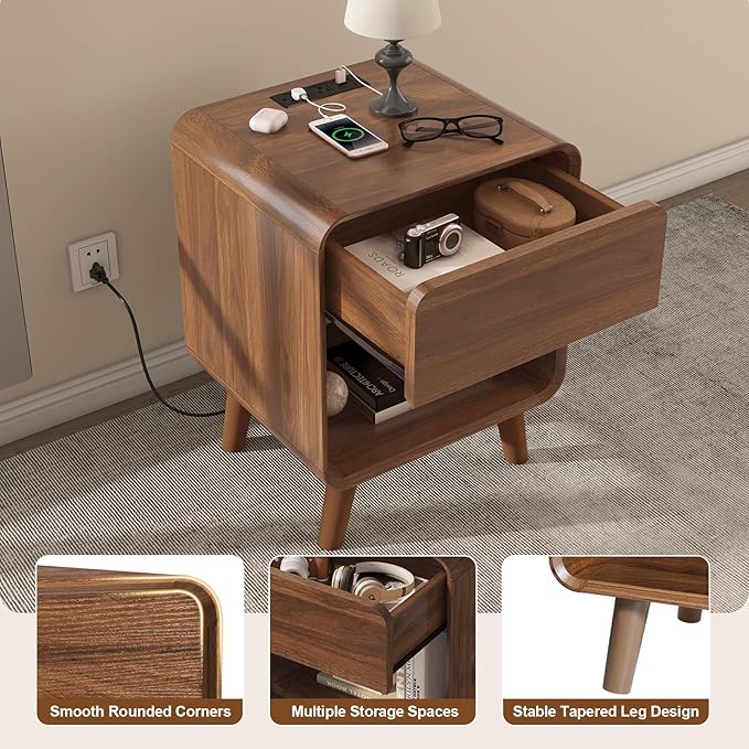 Nasonet Mid Century Modern Nightstands Set of 2 with Charging Station, Small Nightstand with Drawers, Curved Wood End Table Bedside Table for Bedroom, Walnut