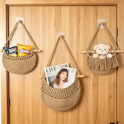 3 Tier Hanging Fruit Baskets for Kitchen, Boho Cotton Rope Handwoven Vegetable Hammock Produce Storage Wall Mounted Large Organizing Basket for Farmhouse Decor, Over The Door, Onion, Potato (Linen)