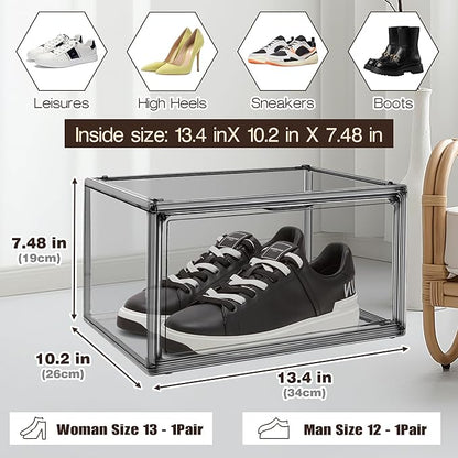 DAYOOH 1 Pack Shoe Organizers Storage Boxes for Closet Size 12.5 Shoe Box Clear Stackable Storage Bins with Lids, Under Bed Shoe Containers for Entryway, Grey