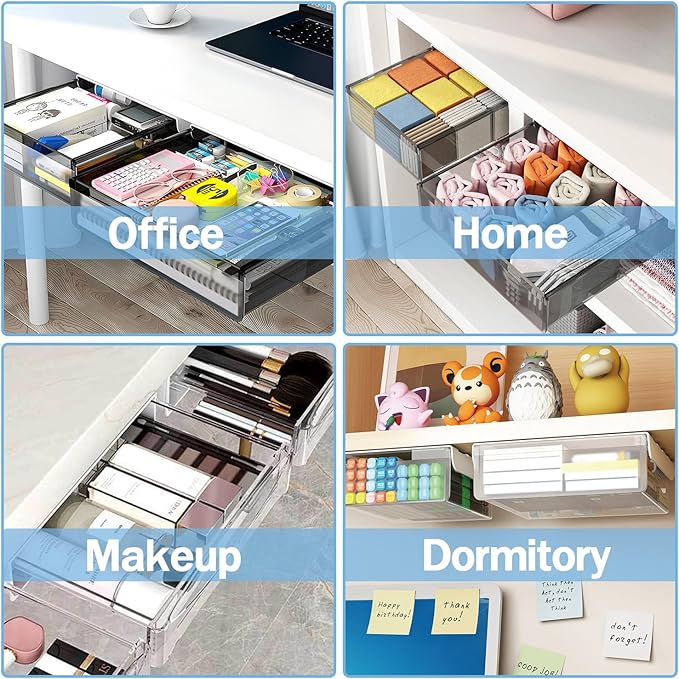 Large Under Desk Table Drawer Storage Organizer A4, Hidden Self-Adhesive Under Desk Pencil Tray Drawer for Office (Clear Black/L)