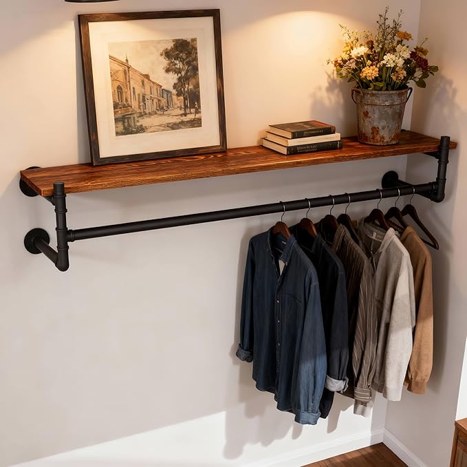 WEBI Wall Mounted Clothes Rack with Shelf,36" Industrial Pipe Clothing Rack with Shelf with Hanging Rod,Heavy Duty Iron Garment Rack Bar,Retail Display Clothes Rod for Laundry Room,Closet,Black
