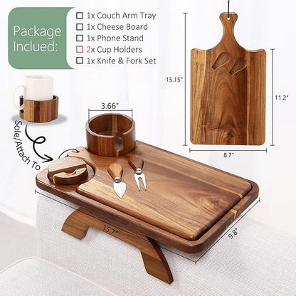 Nnewvante Couch Arm Table with Cheese Board, 4 in 1 Large 15.7"x9.85" Acacia Wood Sofa Arm Clip on Tray with 360 Rotated 2 Cup Holder & Phone Holder & Knife Fork on Armrest