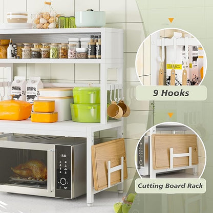 EnHomee Microwave Stand, 205LBS Microwave Shelf, Adjustable Countertop Shelf Heavy Duty 4-Tier with 9 Hooks for Kitchen Counter Organizer, Microwave Stand with Storage and Microwave Oven Rack (White)