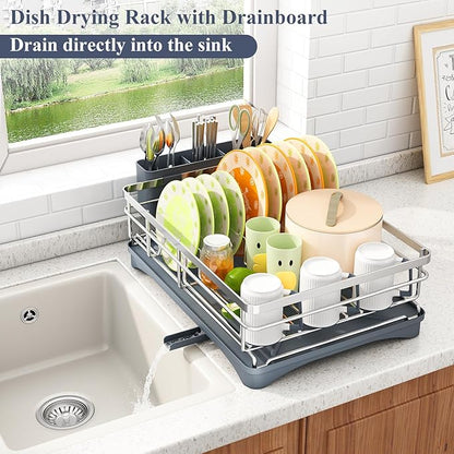 SAYZH Dish Drying Rack - Stainless Steel Dish Rack for Kitchen Counter, Large-Capacity Dish Drainer with Cutlery Holder, Kitchen Organizer for Dishes, Spoons and Forks, Silver