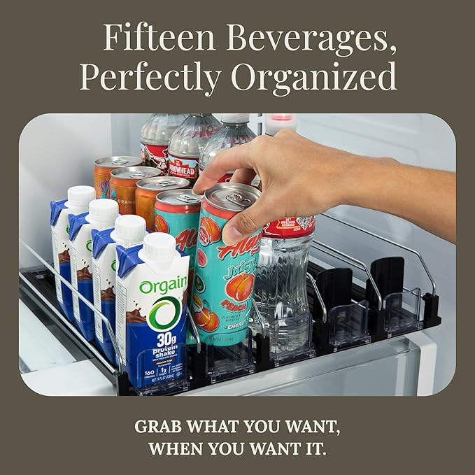Hodge Home Essentials 5-Piece Drink Organizer for Fridge – Spring-Loaded Rolling Can & Bottle Holder – Kitchen Storage for Soda, Water, Baby Bottles – Sliding Beverage Dispenser (Black)