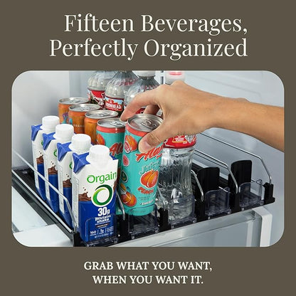 Hodge Home Essentials 5-Piece Drink Organizer for Fridge – Spring-Loaded Rolling Can & Bottle Holder – Kitchen Storage for Soda, Water, Baby Bottles – Sliding Beverage Dispenser (Black)