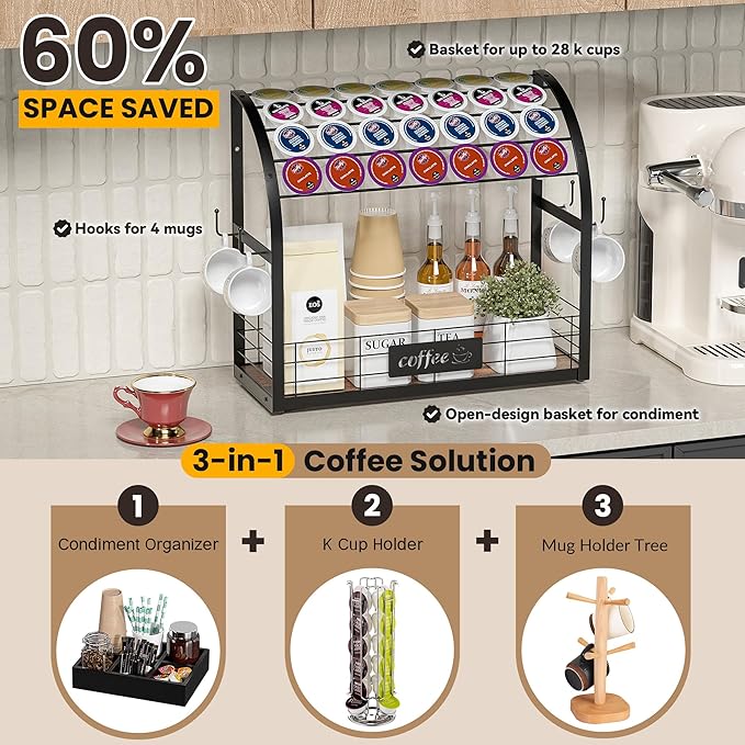 Metal K Cup Holder, 2 Tier Coffee Bar Organizer with 4 Coffee Mug Hooks, Multi-functional Countertop Coffee Station Tray Wooden K Cup Organizer - Black