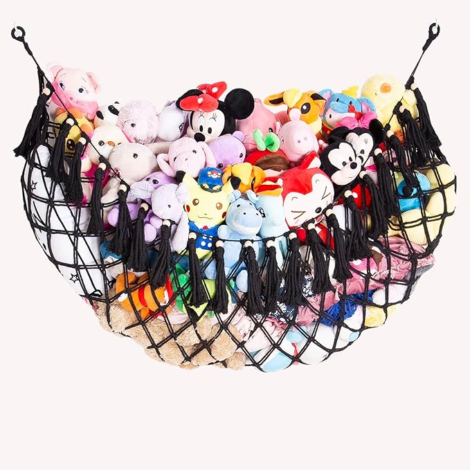 Large Stuffed Animal Net or Hammock Macrame Toy Display Plush Toy Holder Wall Hanging Net for Stuffed Animal Storage_Black