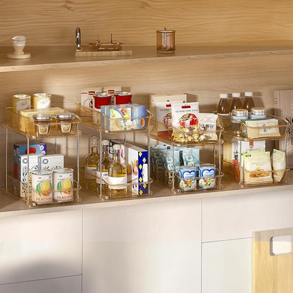 Delamu 2-Tier Under Sink Organizers and Storage, Multi-Purpose Stackable Bathroom Cabinet Organizers, Pull Out Kitchen Pantry Organization and Storage with Dividers Amber, 4 Pack