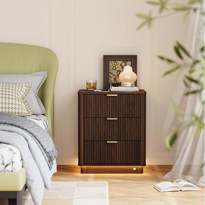 BONITURE Fluted Night Stand Set of 2, Curved Nightstands with Charging Station Lighting, Wood End Table with 3 Drawers, Modern Side Table Storage Cabinet for Bedroom Office,(2, Walnut)