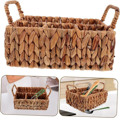 Cabilock Woven Storage Basket for Home Organization Hyacinth Cutlery Organizer Dividers Practical Tableware Basket for Kitchen and Dining Natural Material Multi-Purpose Use