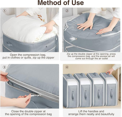 Homsorout 4 Pack Compression Storage Bags - 110L Large Capacity Comforter Storage Bag, 3-Layer Washable Ultra Space Saving Self Compression Organizer Space Bags for Blanket, Sweater, Sheet, Light Gray
