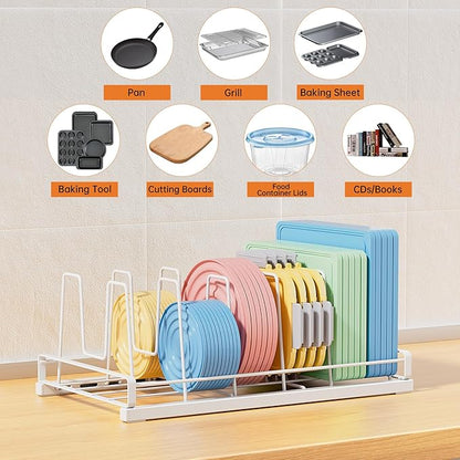ZDDLOINP Food Container Lid Organizer for Cabinet,with 6 Adjustable Dividers Detachable,Metal Pot Lid Organizer Rack Storage Plastic Lids Pots Bakeware for Cabinets, Cupboards,Pantry, Drawers (White)