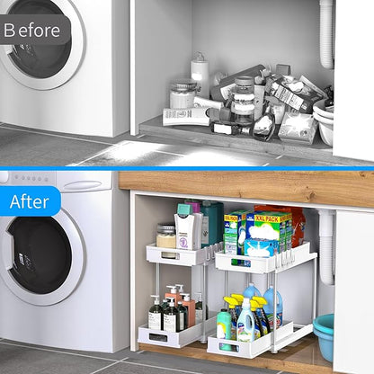 Under Sink Organizers and Storage, 2 Pack Large Capacity Heavy Load Double Pull-out Under Sink Shelves with Sliding Drawer for Kitchen and Bathroom, White