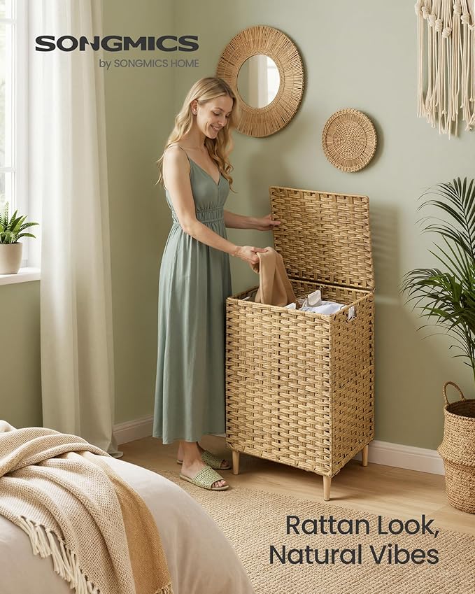 SONGMICS Laundry Hamper with Lid, PE Rattan Laundry Basket with Removable Liner, Storage Basket for Bedroom Living Room, 2-Section Sorter, 29 Gallons (110 L), Goose Yellow ULCB222YE01