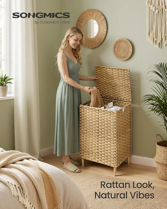 SONGMICS Laundry Hamper with Lid, PE Rattan Laundry Basket with Removable Liner, Storage Basket for Bedroom Living Room, 2-Section Sorter, 29 Gallons (110 L), Goose Yellow ULCB222YE01