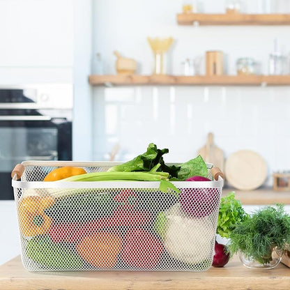 4 Pcs Metal Wire Basket with Wooden Handles Mesh Steel Storage Organizer Bin Containers for Home Cabinet Pantry Closet Kitchen Fridge Fruit Makeup Snacks Gifts(Extra Large,Cream White)