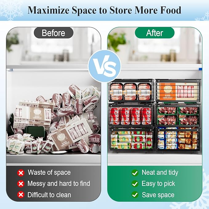 OdoVow Freezer Organizer Bins, 2 Pack Stackable Deep Freezer Organizer Bins, Large Expandable Chest Freezer Containers with Handle, Metal Adjustable Storage Baskets for Kitchen, Pantry (Black)