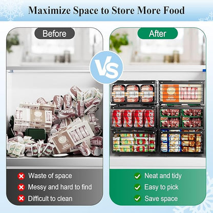 OdoVow Freezer Organizer Bins, 2 Pack Stackable Deep Freezer Organizer Bins, Large Expandable Chest Freezer Containers with Handle, Metal Adjustable Storage Baskets for Kitchen, Pantry (Black)