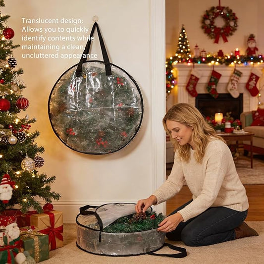 Christmas Storage Containers for Wreaths&Ornaments,Wreath Storage Container with Handle,Clear Ornament Storage Box for Holiday Decor,Spring &Easter Wreath,Gift Wrapping Paper Organizer Storage,24 Inch