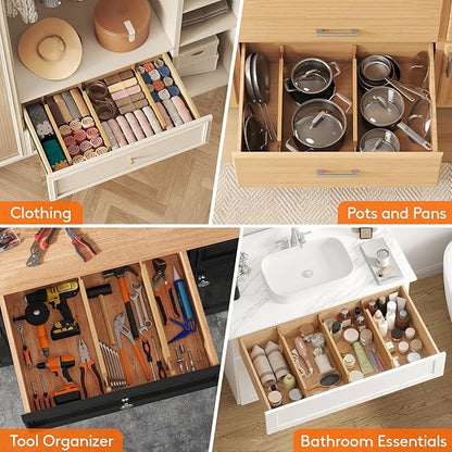 Lifewit 6 Pack 6" Deep Bamboo Drawer Dividers, 17.5-22" Expandable Drawer Organisers for Clothes, Adjustable Dresser Drawer Divider, Clothing Drawers Separators for Dresser, Bedroom, Bathroom, Office