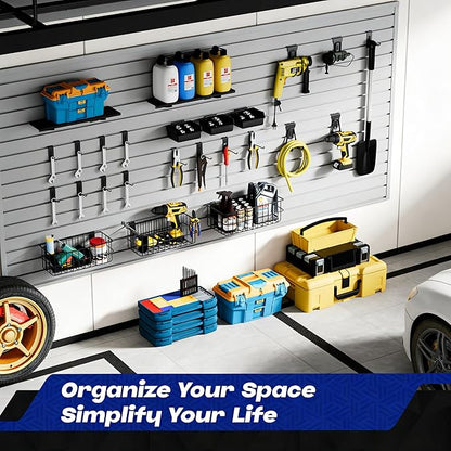 35-Piece Metal Slatwall Accessories Set for Garage Storage, Includes Wire Baskets, Heavy-Duty Hooks, Shelves & Bins, Fits Standard Slatwall Panels