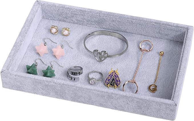 Mornajina 2 Pcs 9" x 5.7" Velvet Jewelry Tray Jewelry Display Tray, Stackable Empty Plate Trays for Earrings Necklaces Bracelet Rings Display Showcase - Grey