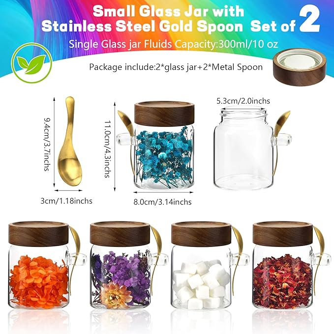Glass Storage Jar with Bamboo Lids Spoons Glass Coffee Canister Borosilicate Glass Food Container for Coffee Beans Nut Pasta Sugar Candy Spice Rice Loose Tea (300ml/10oz-2 Pack)