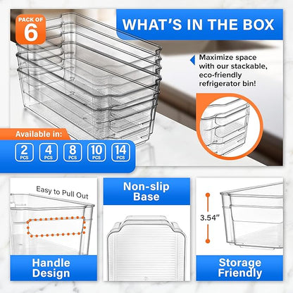 Lifemaster Stackable Plastic Freezer Organizer Bins - Clear Storage Containers for Fridge and Freezer, Pantry Bins for Organizing, Multi-Use Clear Storage for Kitchen, Closet or Pantry - 6 pack