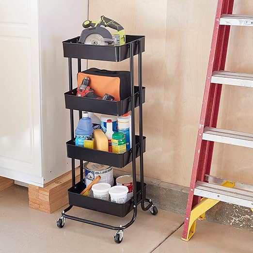 ECR4Kids 4-Tier Metal Rolling Utility Cart, Multipurpose Storage, Black