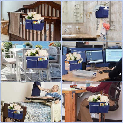 Frjjthchy Bedside Storage Organizer 5 Pockets with 4 Hooks Hanging Storage Bag for Headboards/Bunk Bed (Dark Blue)