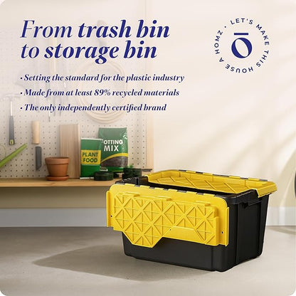 HOMZ 6-Pack Durabilt Tote, Heavy Duty Plastic Storage Bins with Lids, 15 Gallon, Black/Yellow - Stackable Organizing Containers for Home, Garage, and Office