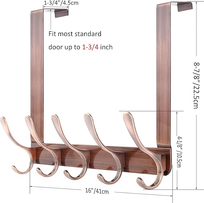 WEBI Over The Door Hook 5 Coat Hooks,Over The Door Towel Rack,Door Hanger Over Door Coat Rack for Hanging Clothes,Towels,Back of Bathroom,Antique Copper,2 Packs