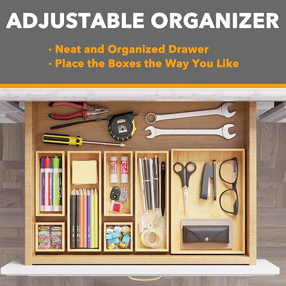 SpaceAid 7-Piece Bamboo Drawer Organizer Storage Boxes Set, Wood Tray Junk Drawer Organizers Multi-Use Divider Bins for Kitchen, Bathroom, Office Desk and Makeup Organization (7 Pack, Natural)