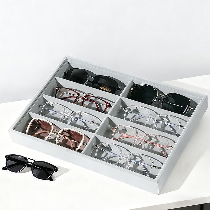 XHMQYC Glasses Holder Box Drawer Sunglass Organizer for Men Clear Wide Storage Case 8 Slots Multiple Reading Glasses Display, Gray Velvet