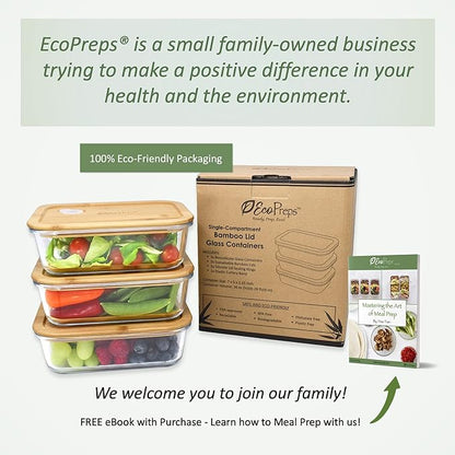 EcoPreps Glass Meal Prep Containers with Bamboo Lids (3 Pack) - 100% Plastic Free, Eco-Friendly Lunch Containers, Bamboo Lid Storage Container Set - Microwave Safe Glass Food Storage Container Set