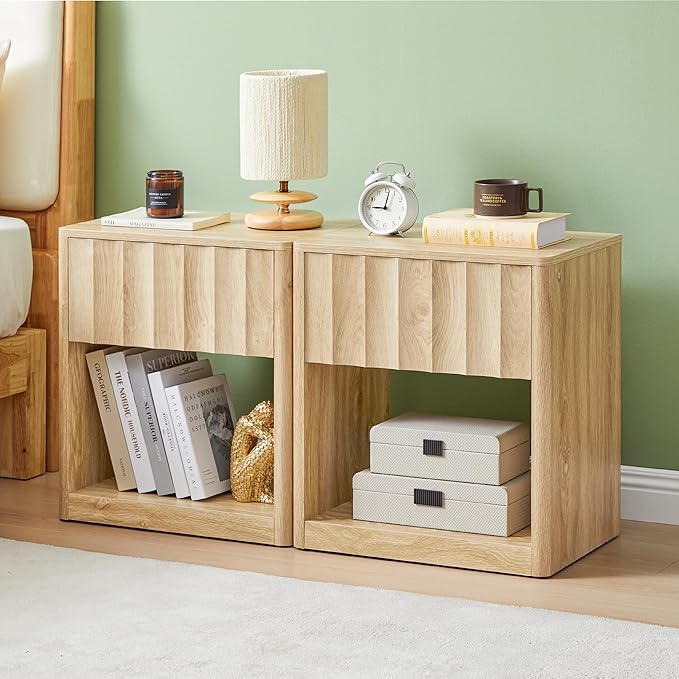 Bifins Fluted Dresser, Small Nightstands Set of 2, Natural Bedside Table with Drawer and Storage, Mid Century Modern Side Table for Bedroom Sofa