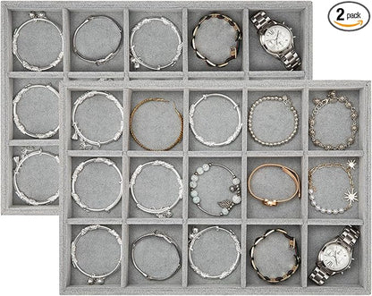 Polmart Stackable 15-Grid Jewelry Organizer/Storage/Display Trays, Gray Velvet (2-Pack)