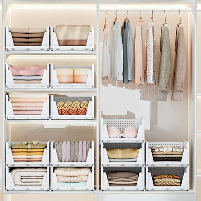 Mavivegue 4 Pack Stackable Closet Storage, Plastic Drawer Basket,Closet Organizers Storage Box for Cupboard,Bedroom, Kitchen, Bathroom, Office White