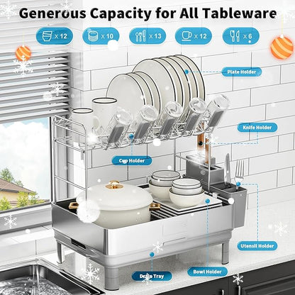 Ewaiira Dish Drying Rack, 2 Tier Large Dish Rack, Stainless Steel Dish Drainer for Kitchen Counter, Dishes Rack with Automatic Drainage, Utensil Holder&Cups Holder,Space Saving Kitchen Organizer,Gray