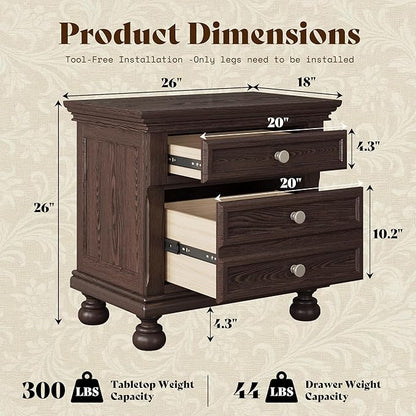 AMERLIFE Fully Assembled Nightstand Set of 2, Solid Wood End Table with 2 Storage Drawers, 26" Extra Large Traditional Bedside Cabinet for Bedroom, Dark Brown