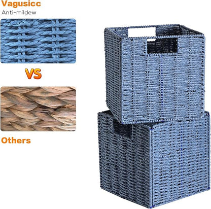 Vagusicc Wicker Basket, Set of 2 Hand-Woven Paper Rope Storage Baskets for Organizing, Foldable Cubby Storage Bins, 9 Inch Small Wicker Storage Basket, Square Baskets Cube Storage Organizer Bins, Blue