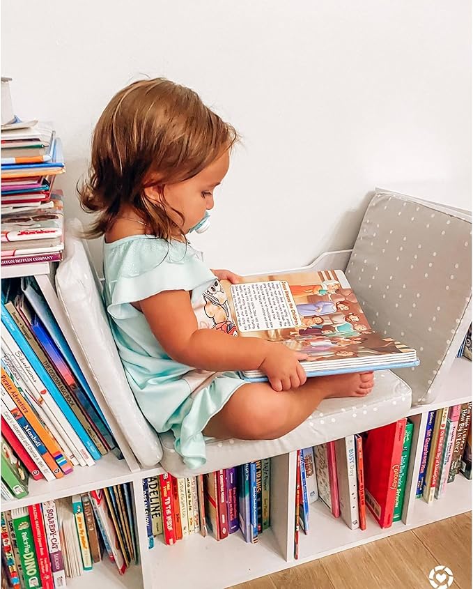 KidKraft Wooden Bookcase with Reading Nook, Storage and Gray Cushion, White
