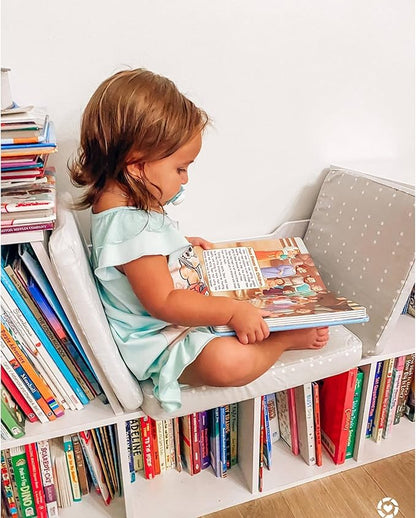 KidKraft Wooden Bookcase with Reading Nook, Storage and Gray Cushion, White