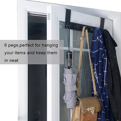 WEBI Over The Door Hooks,Over Door Towel Rack with 6 Peg Hooks for Hanging,Door Coat Hanger Door Coat Rack for Behind Back of Bathroom,Black