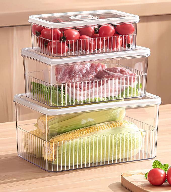 Huaqinglian Fridge Food Fruit Storage Container Bin with lid, Refrigerator food vegetable Organizer Fresh Keeper Container with timer lid Fruit Vegetables storage bin For fridge (0.9L+1.8L+3.4L)