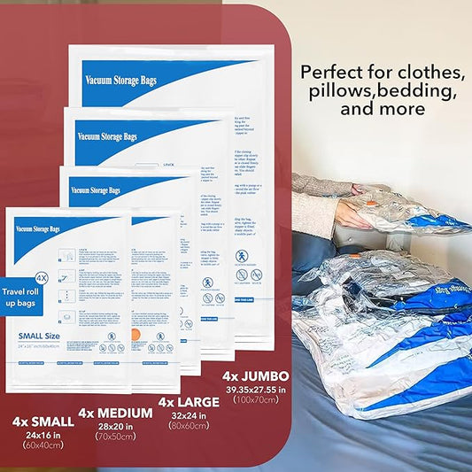 Vacuum Storage Bags 20 Combo (4 Jumbo/4Large/4 Medium/4 Small/4 Roll), Plastic Packaging Bags,Space Saver Sealer Bags for Clothes, Pillows, Comforters, Blankets, Bedding