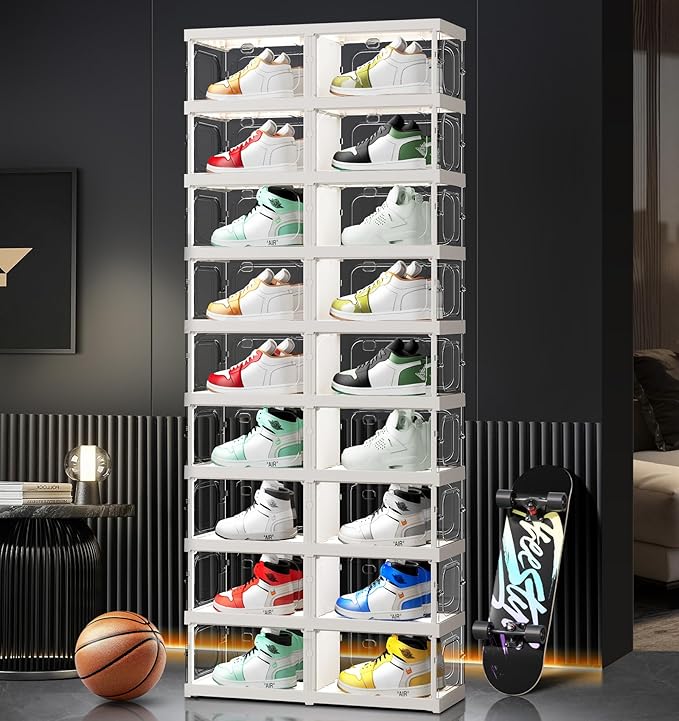 CIMLORD 9-Tier 18-Pairs Foldable Shoe Rack with Magnetic Doors,4-Sided Clear Design,Taller Storage for High Shoes & Sneakers,Stackable Shoe Storage Cabinet Space-Saving Organizer for Closet,Cloakroom